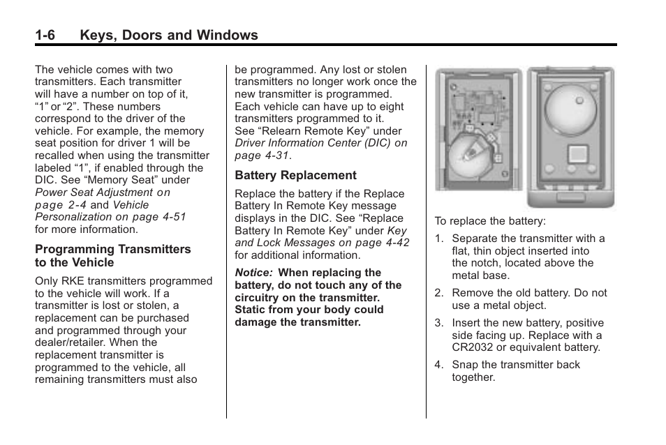 6 keys, doors and windows | Cadillac 2010 CTS Sport Wagon User Manual | Page 12 / 464