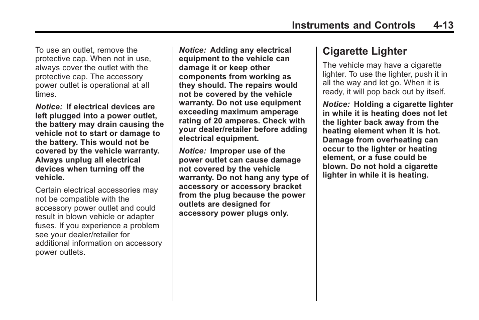 Cigarette lighter, Cigarette lighter -13 | Cadillac 2010 CTS Sport Wagon User Manual | Page 123 / 464