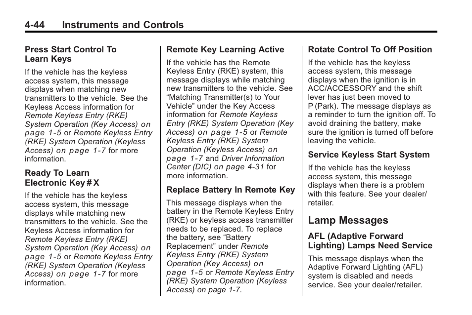 Lamp messages, Lamp messages -44, Vehicle | Cadillac 2010 CTS Sport Wagon User Manual | Page 154 / 464