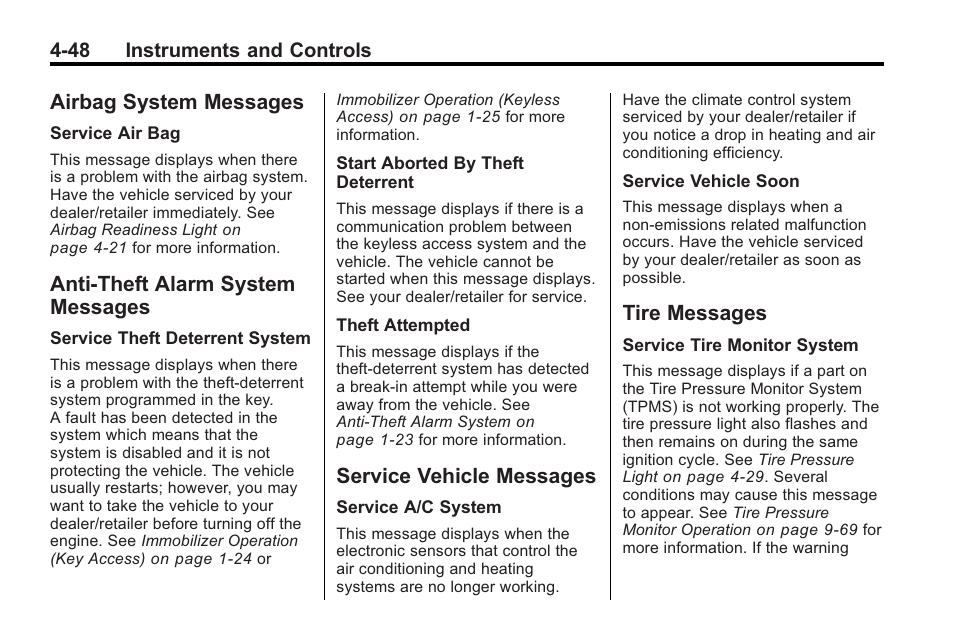 Airbag system messages, Anti-theft alarm system messages, Service vehicle messages | Tire messages, Airbag system messages -48, System, Messages -48, Vehicle messages -48, Programming, Operation | Cadillac 2010 CTS Sport Wagon User Manual | Page 158 / 464