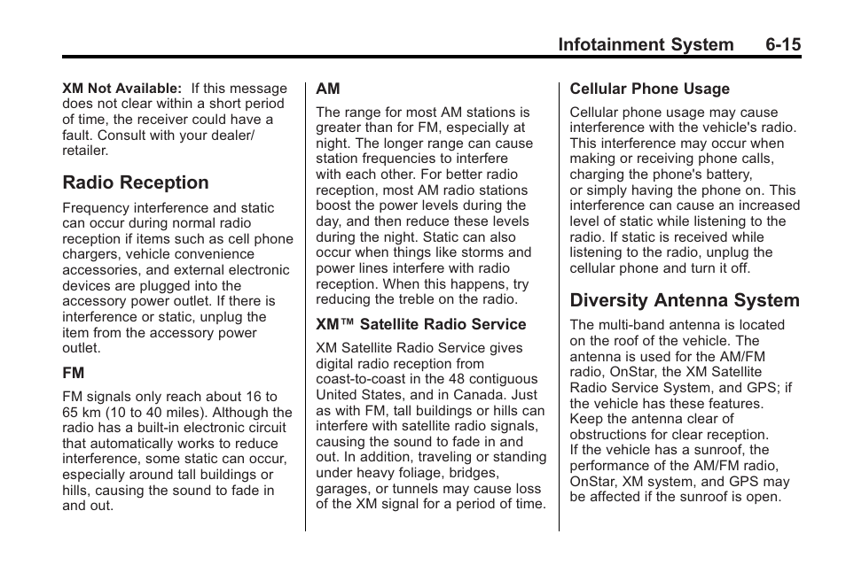 Radio reception, Diversity antenna system, Radio reception -15 diversity antenna system -15 | Entertainment | Cadillac 2010 CTS Sport Wagon User Manual | Page 199 / 464