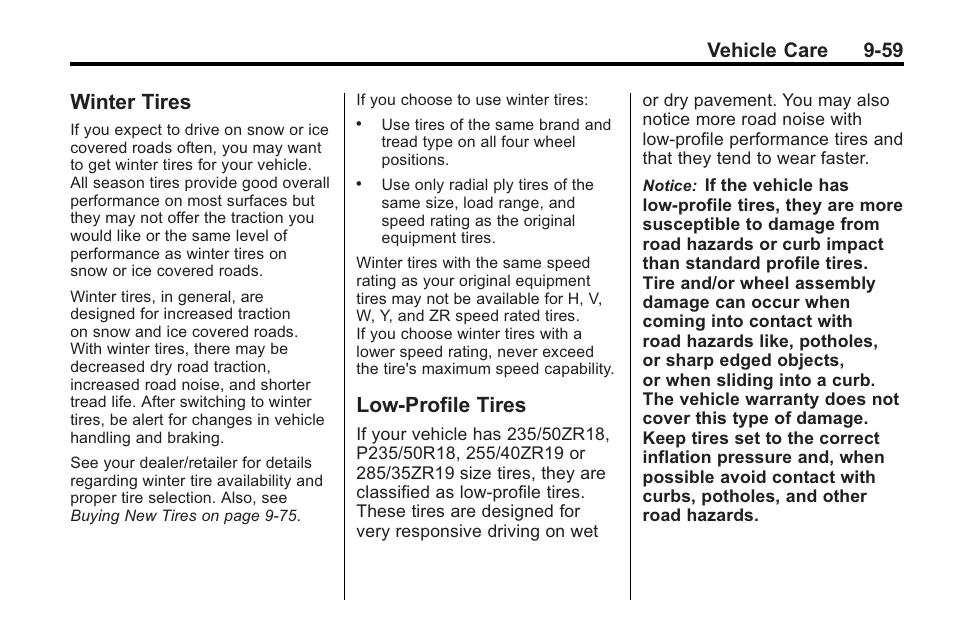 Winter tires, Low-profile tires, Winter tires -59 low-profile tires -59 | Vehicle care 9-59 | Cadillac 2010 CTS Sport Wagon User Manual | Page 359 / 464