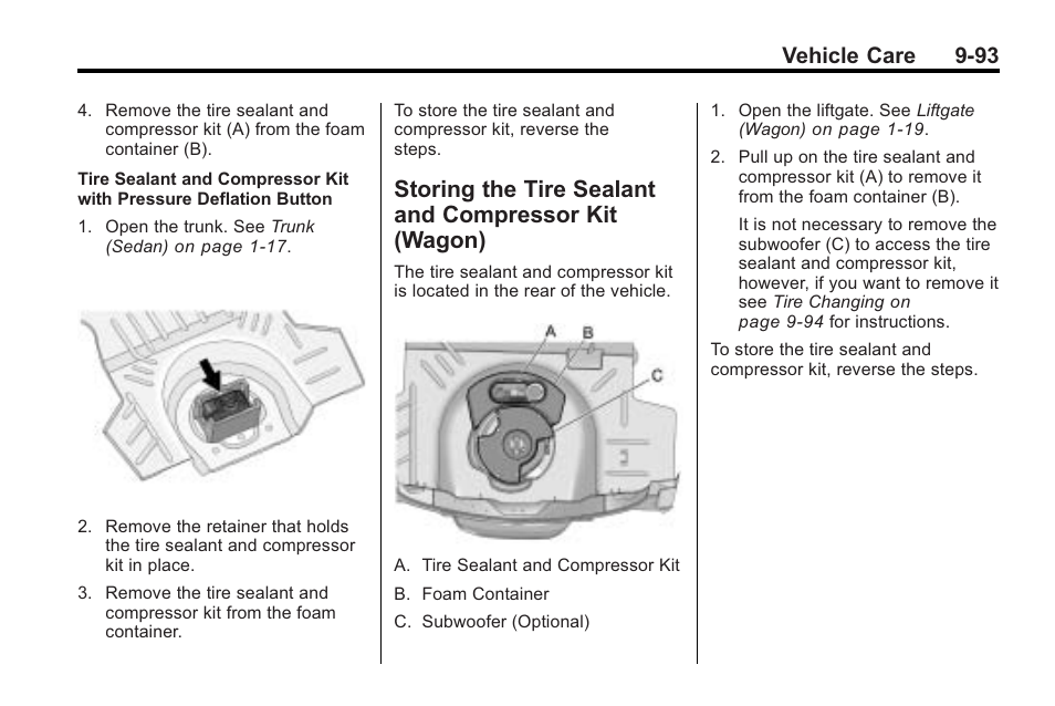 Storing the tire sealant and, Compressor kit (wagon) -93, Vehicle care 9-93 | Cadillac 2010 CTS Sport Wagon User Manual | Page 393 / 464