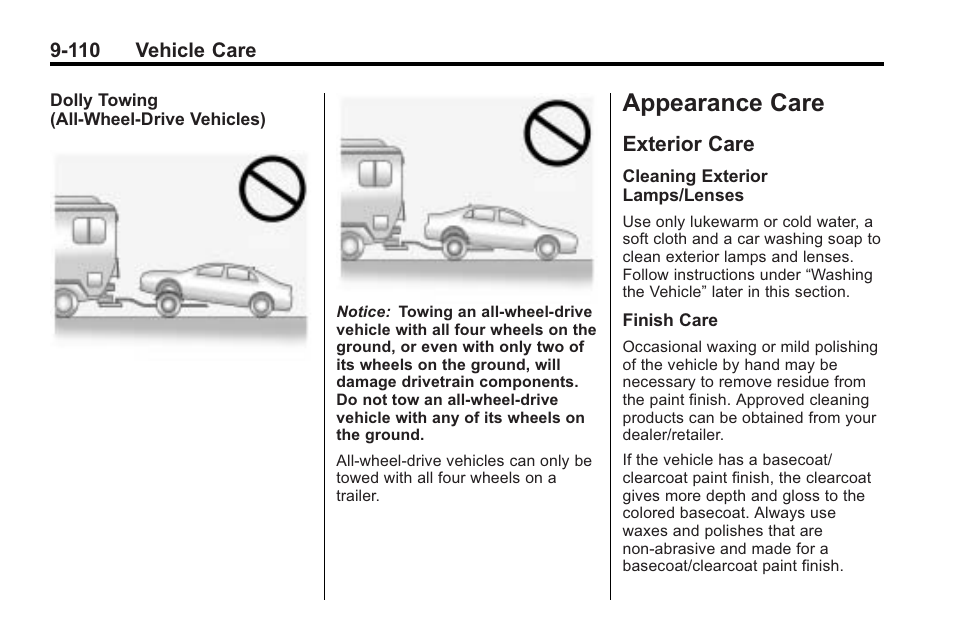 Appearance care, Exterior care, Appearance care -110 | Index, Exterior care -110 | Cadillac 2010 CTS Sport Wagon User Manual | Page 410 / 464