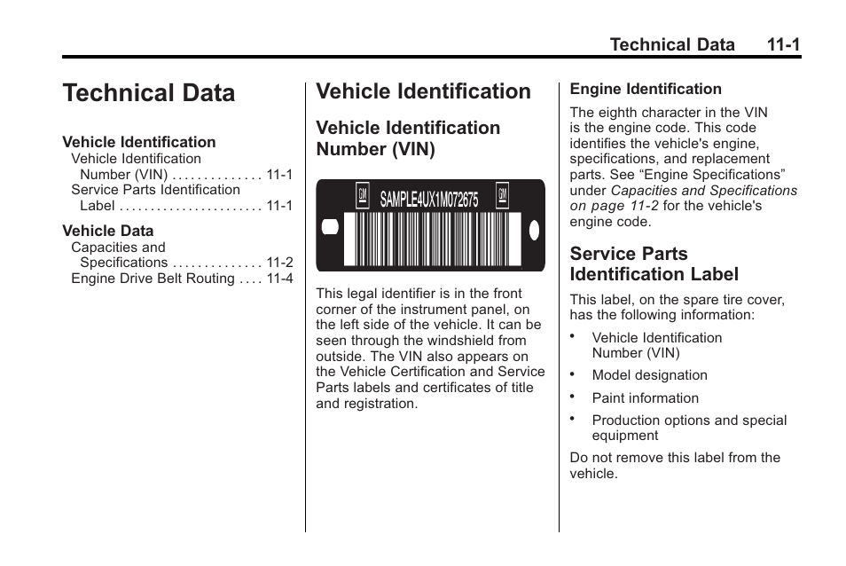 Technical data, Vehicle identification, Vehicle identification number (vin) | Service parts identification label, Technical data -1, Identification -1, Technical data 11-1 | Cadillac 2010 CTS Sport Wagon User Manual | Page 433 / 464