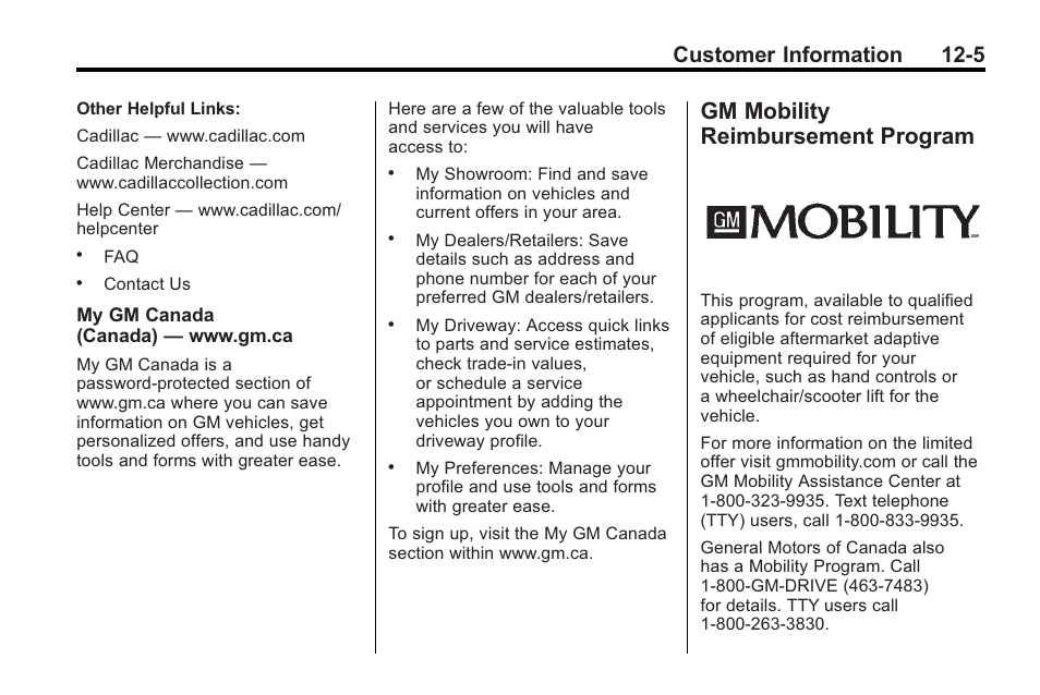 Gm mobility reimbursement program, Gm mobility reimbursement, Program -5 | Customer information 12-5 | Cadillac 2010 CTS Sport Wagon User Manual | Page 441 / 464