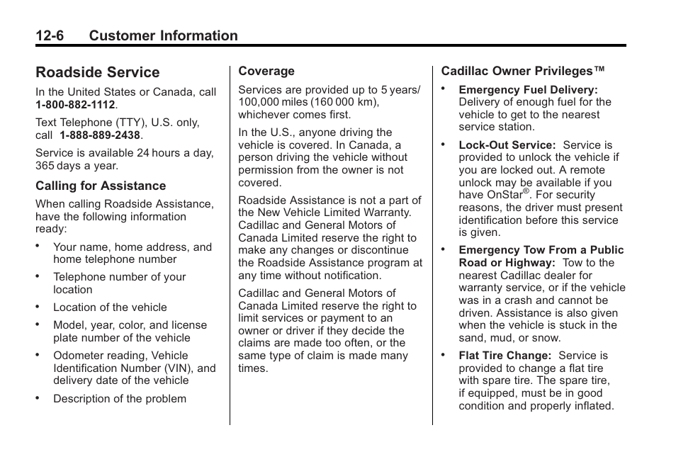 Roadside service, Roadside service -6, Onstar | 6 customer information | Cadillac 2010 CTS Sport Wagon User Manual | Page 442 / 464