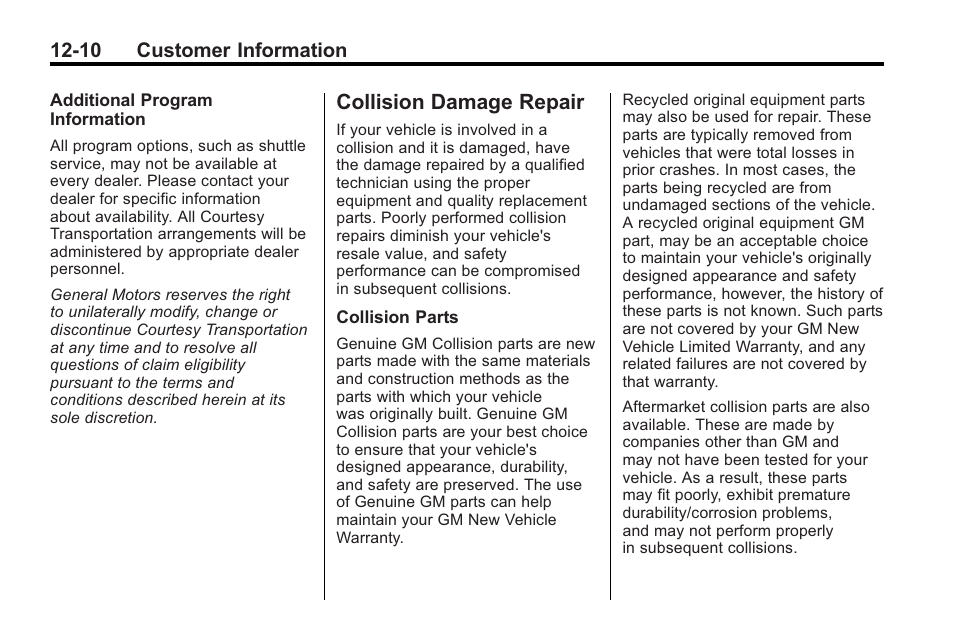 Collision damage repair, Collision damage repair -10, Statement | Cadillac 2010 CTS Sport Wagon User Manual | Page 446 / 464