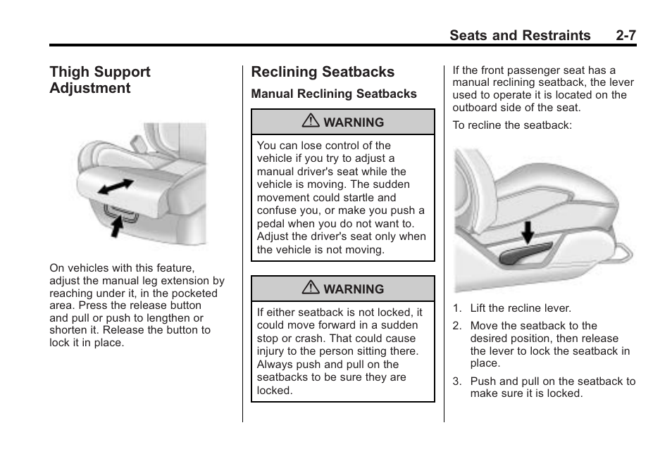 Thigh support adjustment, Reclining seatbacks, Thigh support adjustment -7 reclining seatbacks -7 | Cadillac 2010 CTS Sport Wagon User Manual | Page 45 / 464