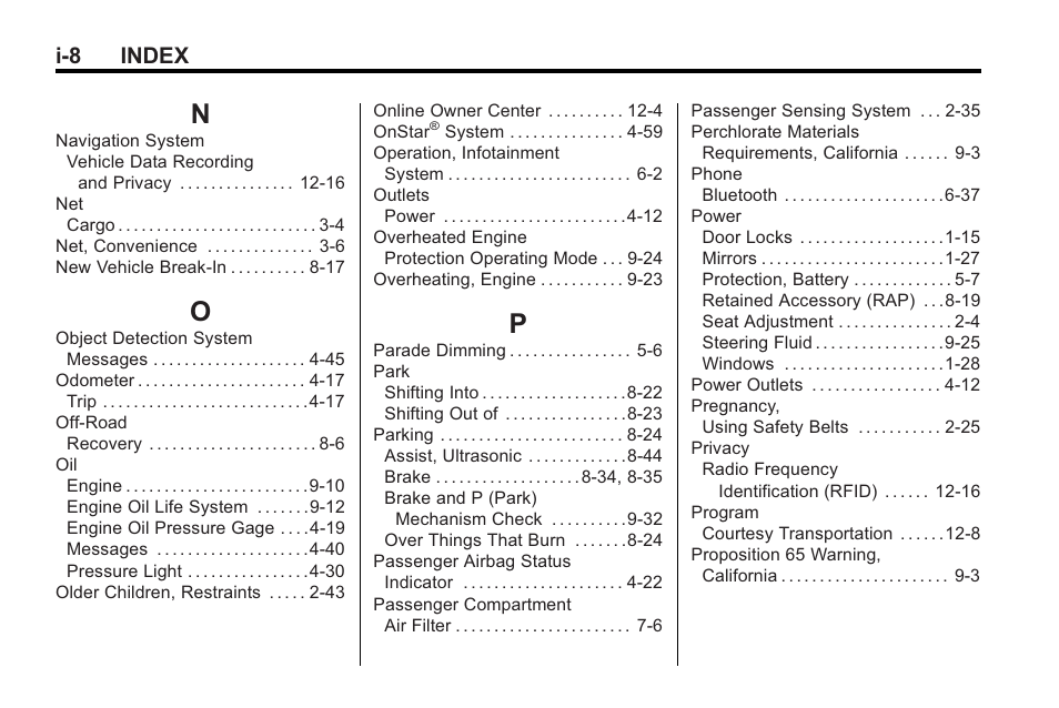 Index_n, Index_o, Index_p | I-8 index | Cadillac 2010 CTS Sport Wagon User Manual | Page 460 / 464