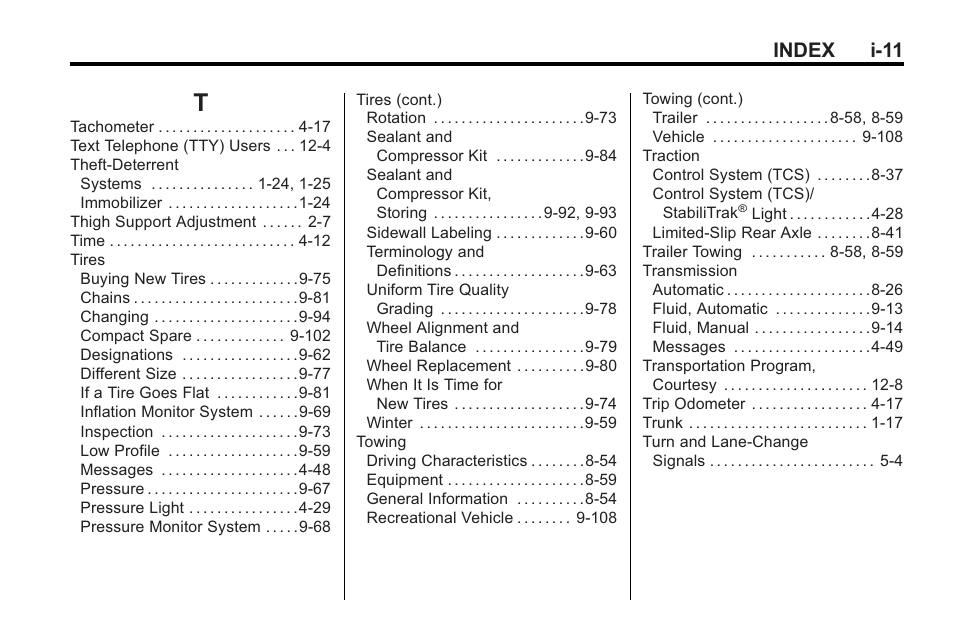 Index_t, Index i-11 | Cadillac 2010 CTS Sport Wagon User Manual | Page 463 / 464