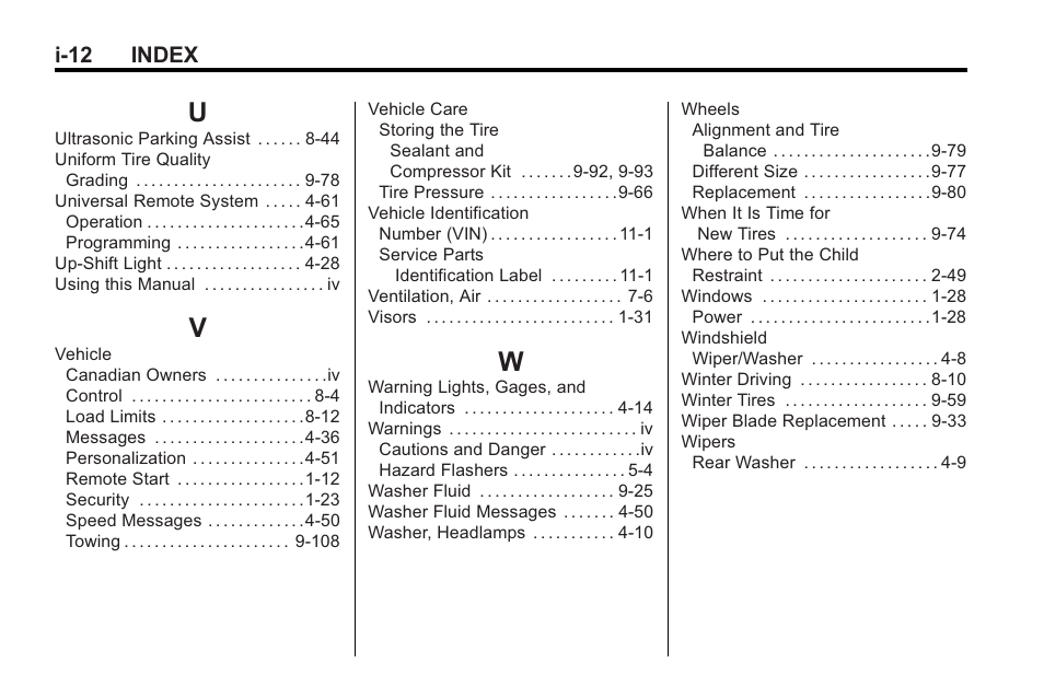 Index_u, Index_v, Index_w | I-12 index | Cadillac 2010 CTS Sport Wagon User Manual | Page 464 / 464