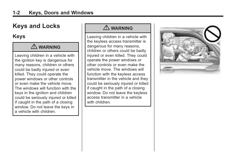 Keys and locks, Keys, Keys and locks -2 | Instrument panel overview, Keys -2 | Cadillac 2010 CTS Sport Wagon User Manual | Page 8 / 464