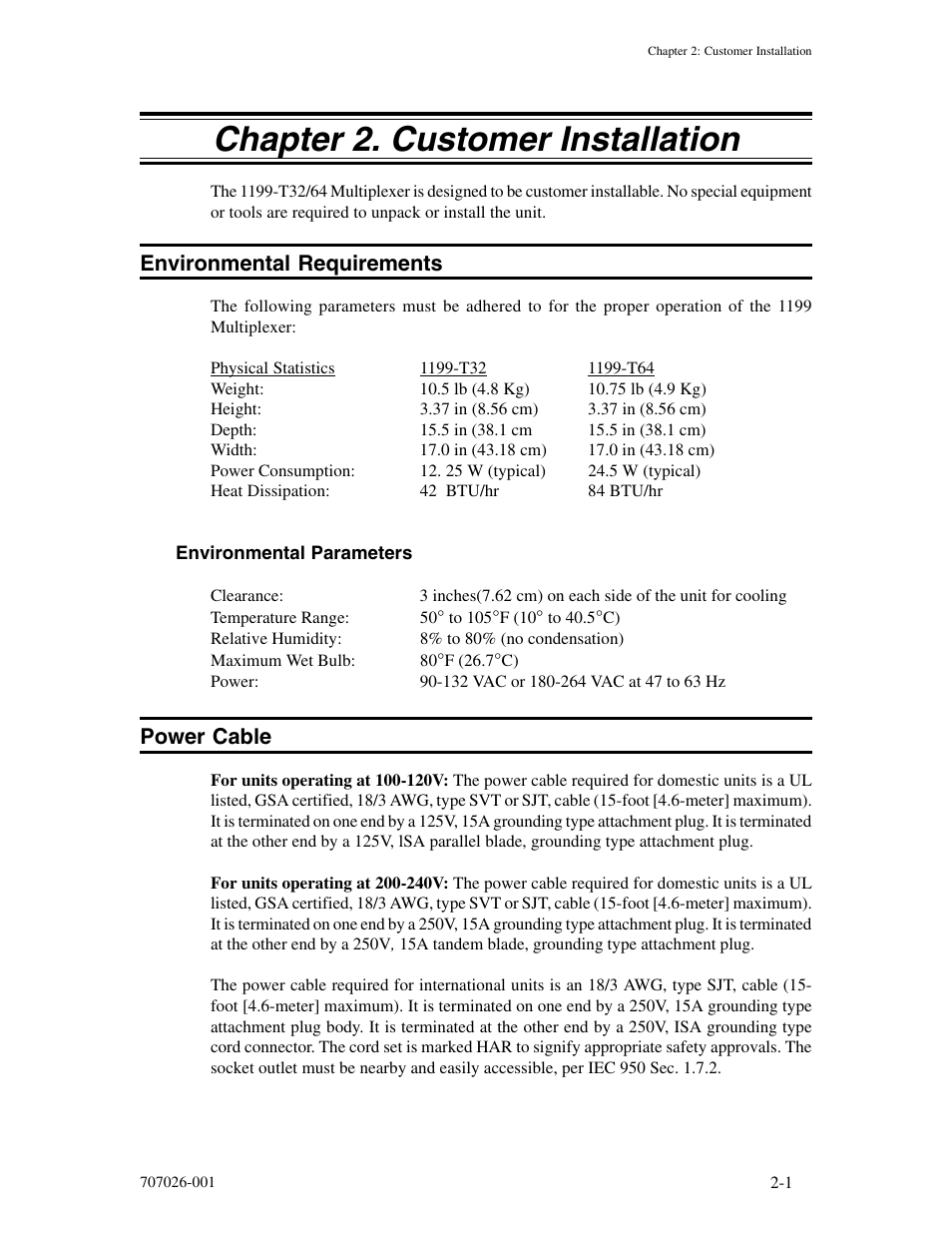 Chapter 2. customer installation, Environmental requirements, Environmental parameters | Power cable, Chapter 2. customer installation -1, Environmental requirements -1, Environmental parameters -1, Power cable -1 | Visara 1199 TWA Mux User Manual | Page 11 / 20