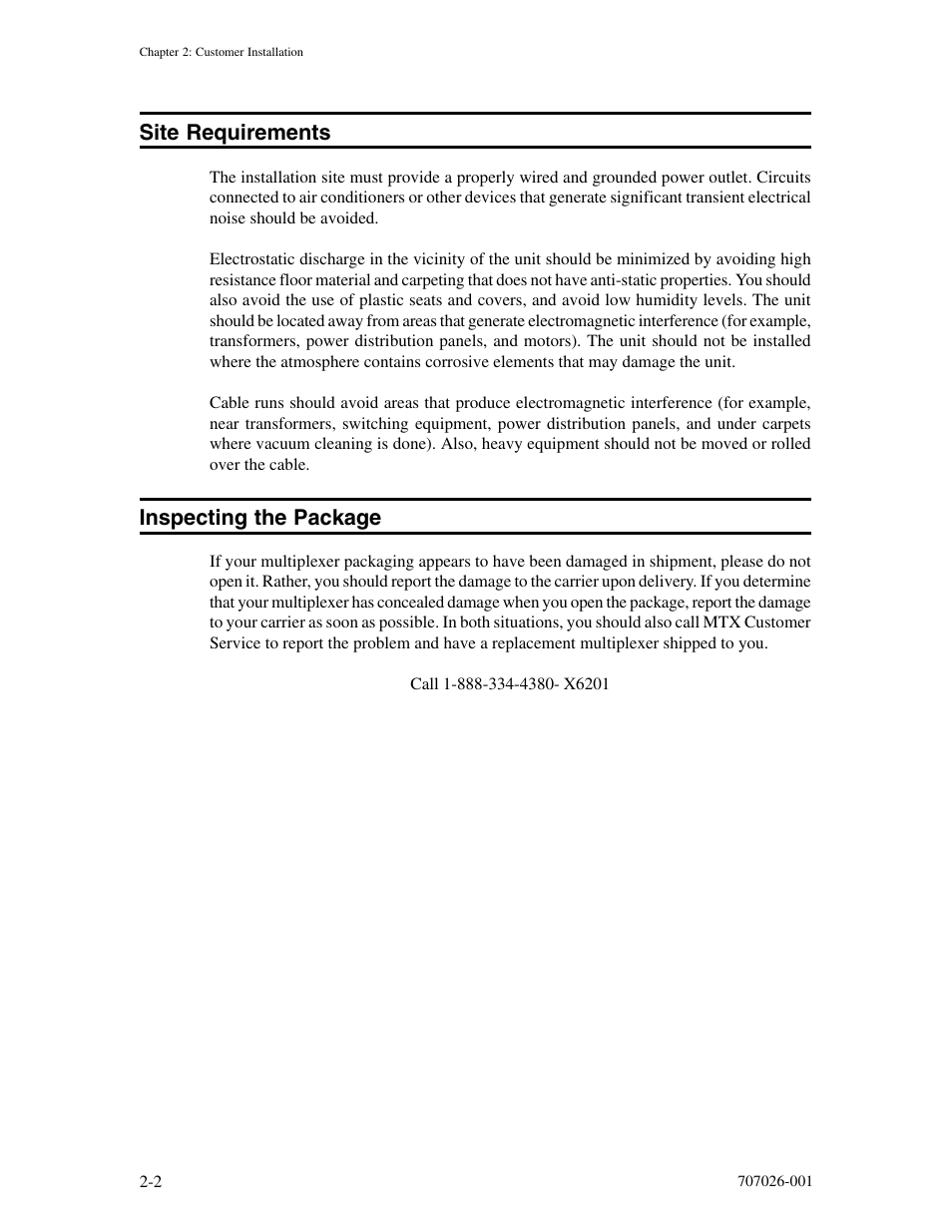 Site requirements, Inspecting the package, Site requirements -2 inspecting the package -2 | Visara 1199 TWA Mux User Manual | Page 12 / 20