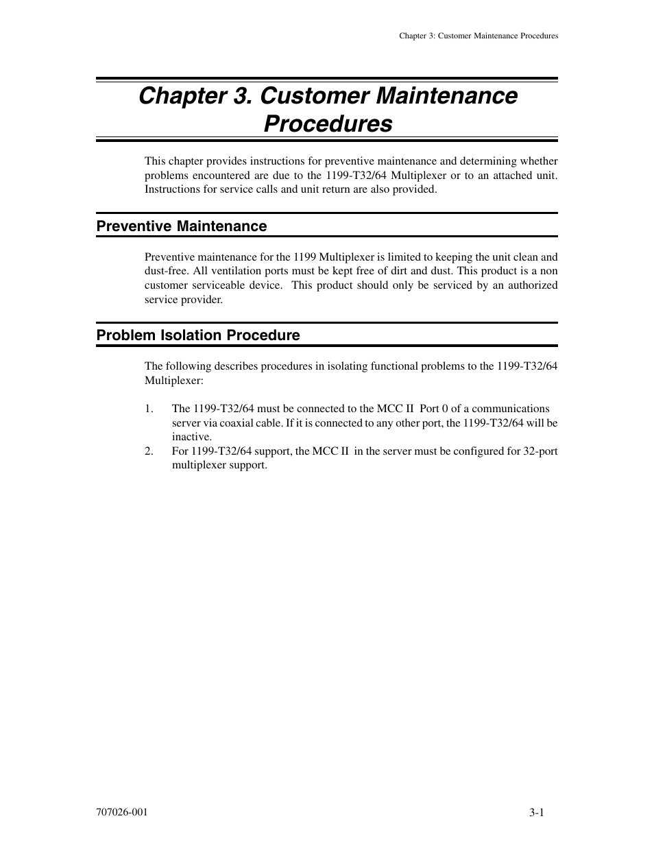 Chapter 3. customer maintenance procedures, Preventive maintenance, Problem isolation procedure | Chapter 3. customer maintenance procedures -1 | Visara 1199 TWA Mux User Manual | Page 17 / 20