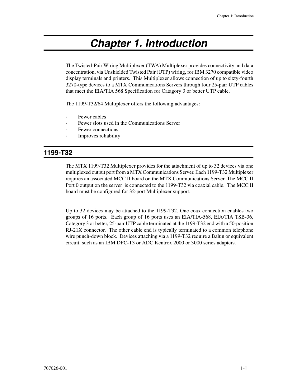 Chapter 1. introduction, 1199-t32, Chapter 1. introduction -1 | 1199-t32 -1 | Visara 1199 TWA Mux User Manual | Page 9 / 20