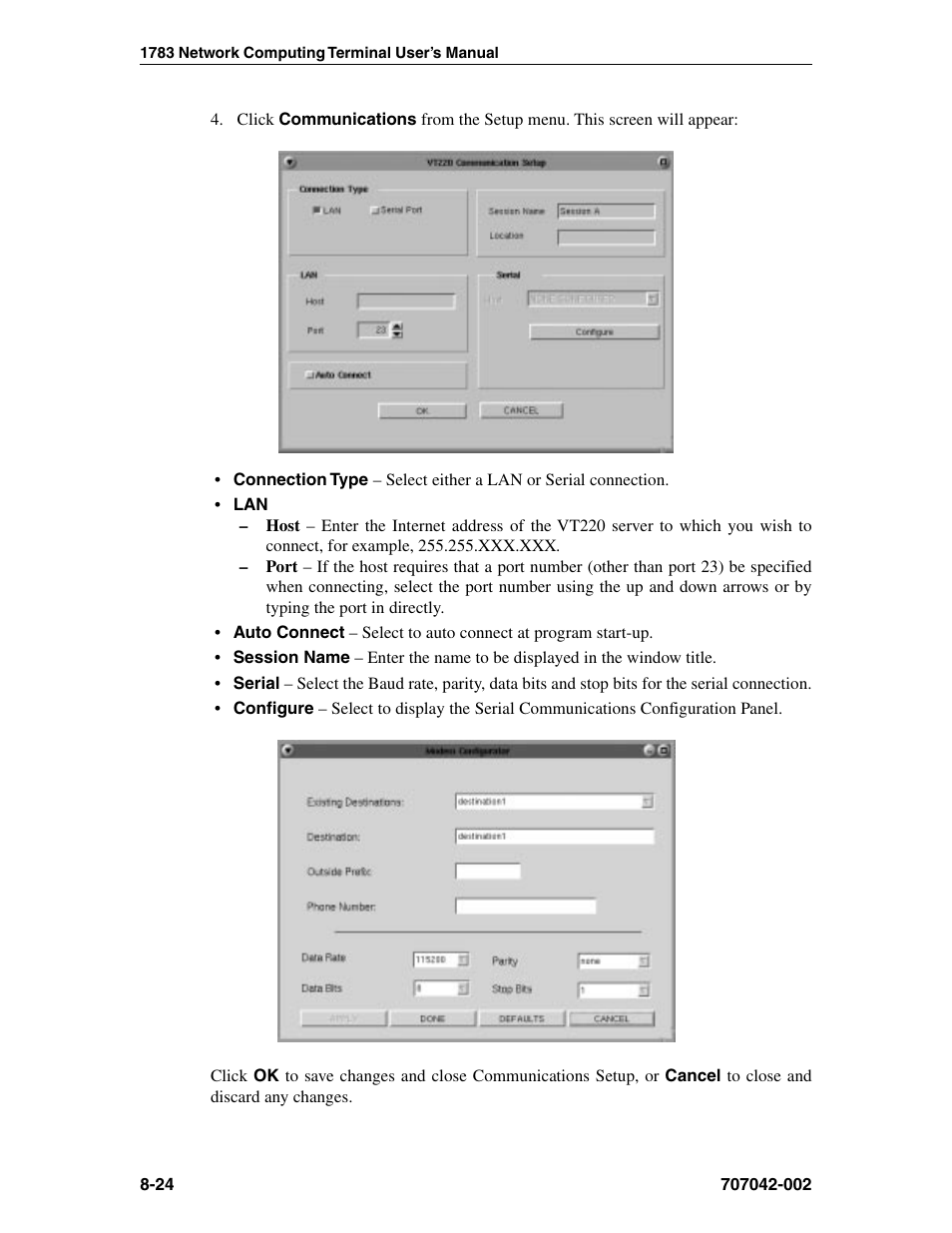 Vt220, Communications setup, vt220, Connecting to a vt220 session -25 | Visara 1783 User Manual | Page 100 / 172