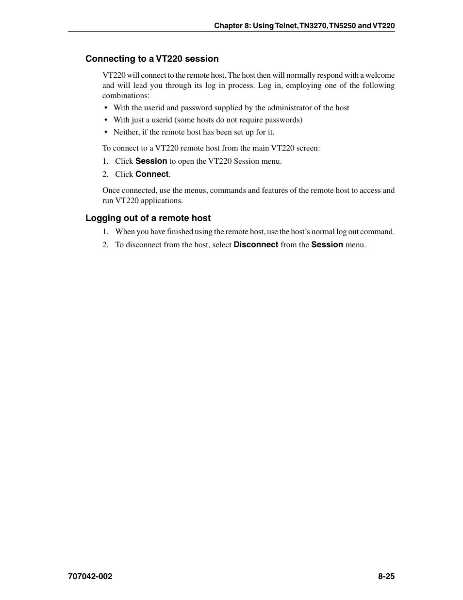 Connecting to a vt220 session, Logging out of a remote host, Connecting to, vt220 | Logging out of, vt220, Session, connecting to, Session, ending | Visara 1783 User Manual | Page 101 / 172