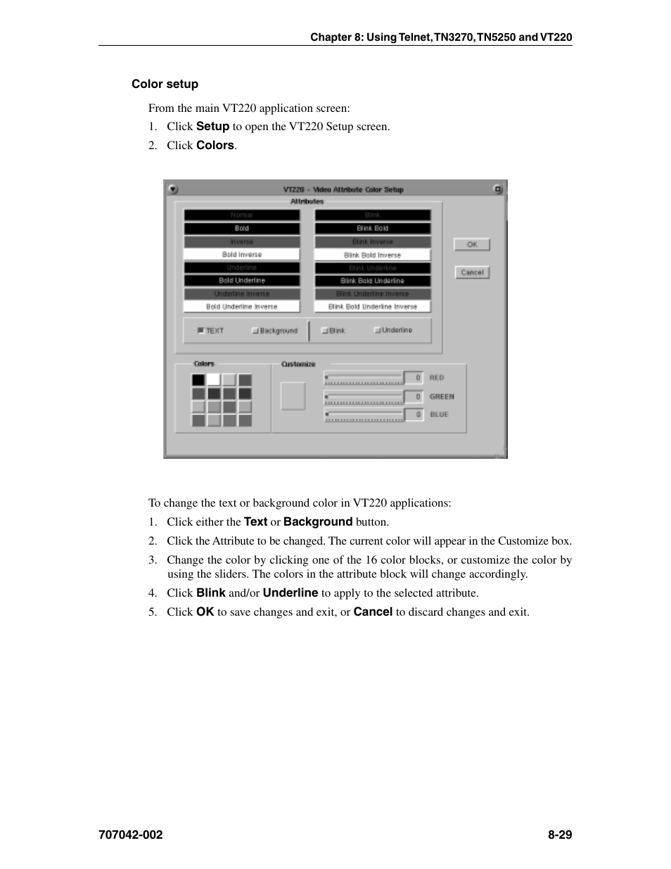 Vt220, Color setup, vt220, Color setup | Miscellaneous setup -30 | Visara 1783 User Manual | Page 105 / 172