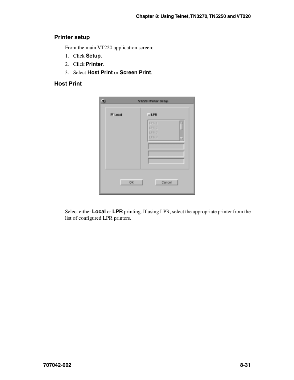 Printer setup, Vt220 | Visara 1783 User Manual | Page 107 / 172