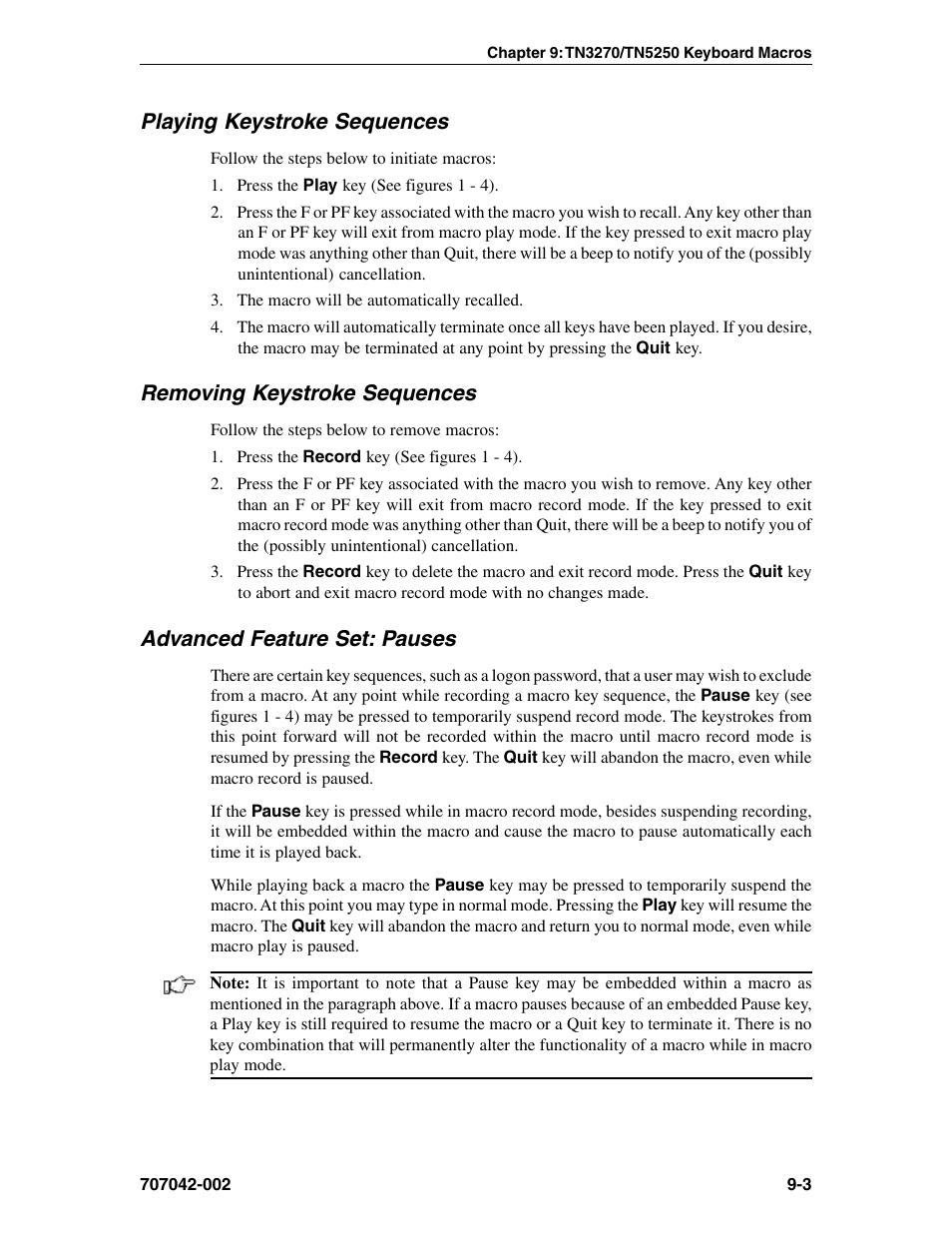 Playing keystroke sequences, Removing keystroke sequences, Advanced feature set: pauses | Pauses | Visara 1783 User Manual | Page 111 / 172