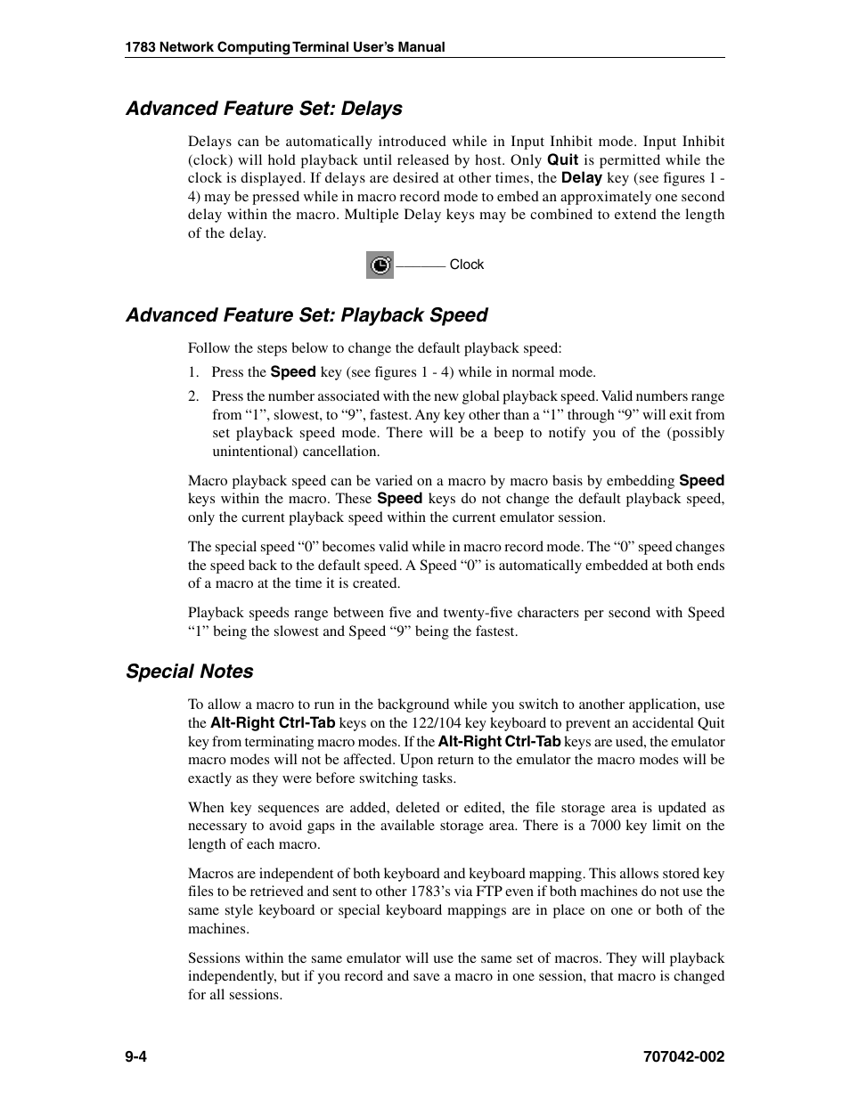 Advanced feature set: delays, Advanced feature set: playback speed, Special notes | Delays, Playback speed | Visara 1783 User Manual | Page 112 / 172