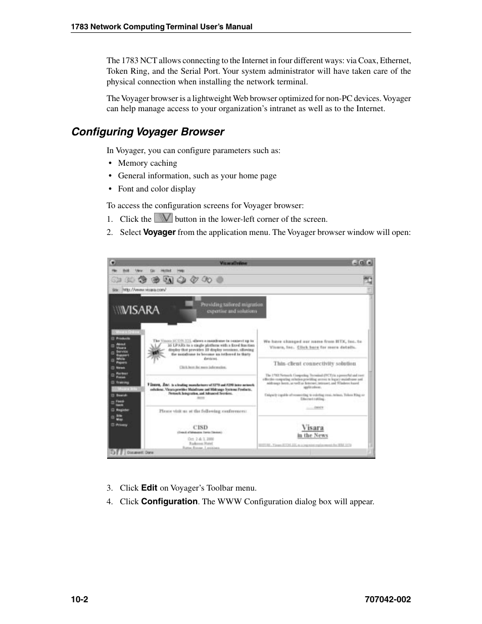 Configuring voyager browser, Voyager browser, Configuring | Configuring voyager browser -2 | Visara 1783 User Manual | Page 118 / 172