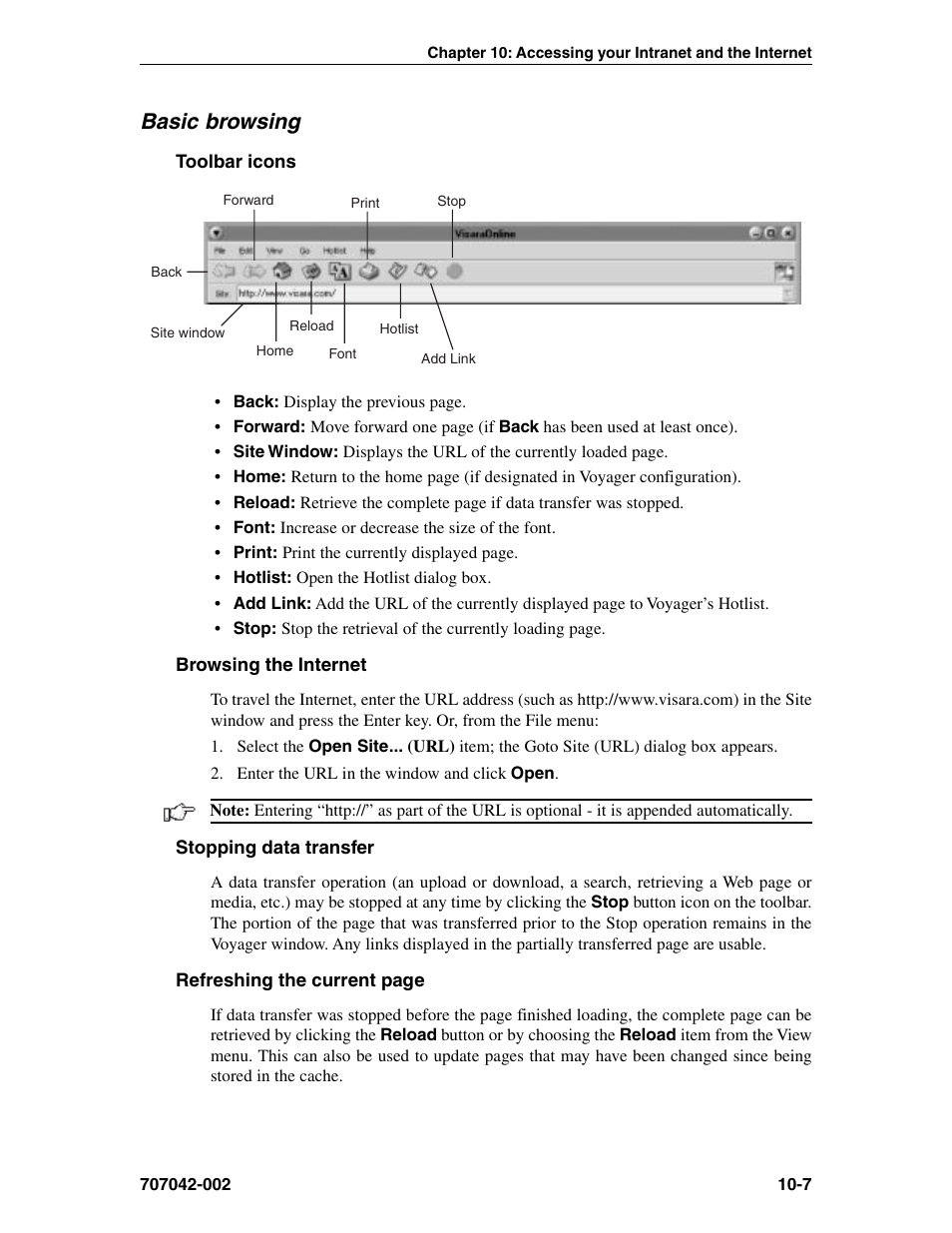 Basic browsing, Toolbar icons, Browsing the internet | Stopping data transfer, Toolbar icons, voyager browser, Basic browsing -7 | Visara 1783 User Manual | Page 123 / 172