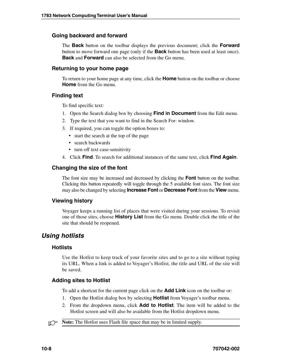 Going backward and forward, Finding text, Changing the size of the font | Viewing history, Using hotlists, Hotlists, Adding sites to hotlist, Adding sites to, Using hotlists -8 | Visara 1783 User Manual | Page 124 / 172