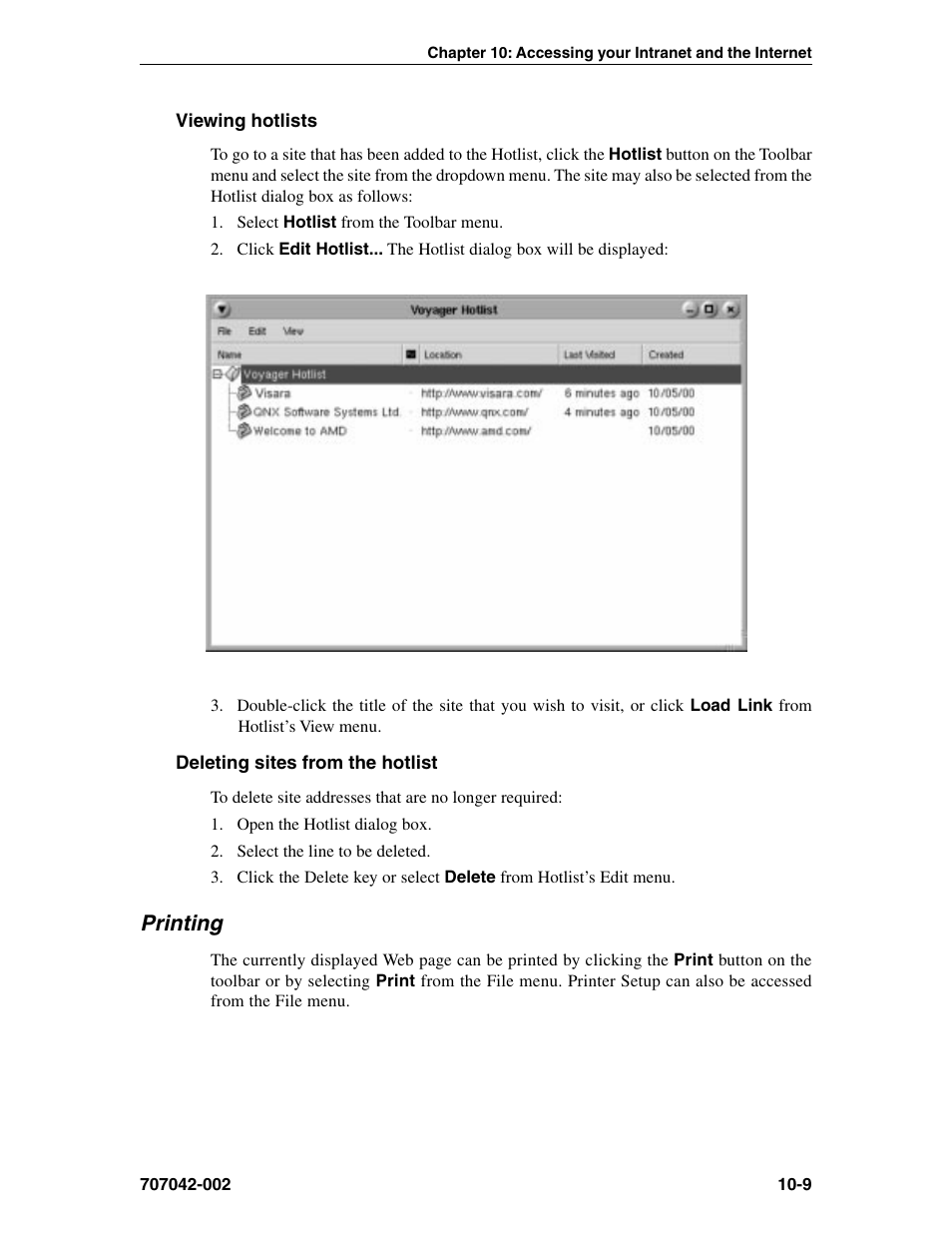 Viewing hotlists, Deleting sites from the hotlist, Printing | Deleting sites from, Viewing, Voyager browser, Deleting sites from the hotlist -9, Printing -9 | Visara 1783 User Manual | Page 125 / 172