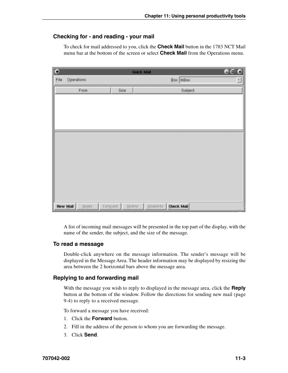 Checking for - and reading - your mail, To read a message, Replying to and forwarding mail | Checking for mail, Forwarding mail, Reading messages, Replying to mail | Visara 1783 User Manual | Page 129 / 172