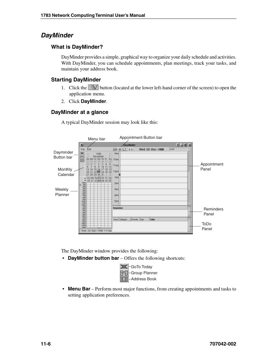 Dayminder, What is dayminder, Starting dayminder | Dayminder at a glance, About, Button bar, Menu bar, Starting, Window features, Dayminder -6 | Visara 1783 User Manual | Page 132 / 172