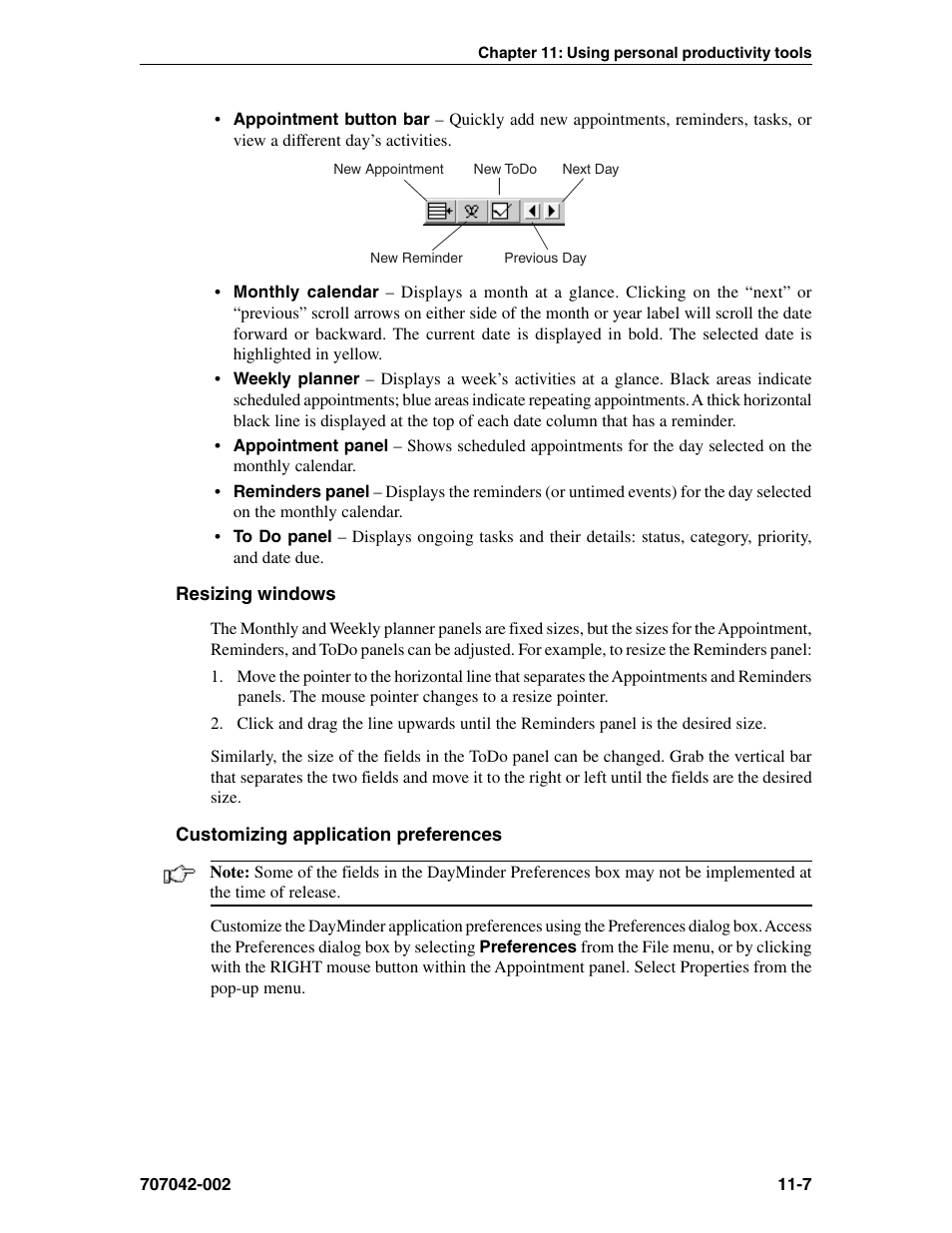 Resizing windows, Customizing application preferences, Dayminder preferences | Appointment button bar, Appointment panel, Customizing, Monthly calendar, Preferences, Reminders panel, Todo panel | Visara 1783 User Manual | Page 133 / 172