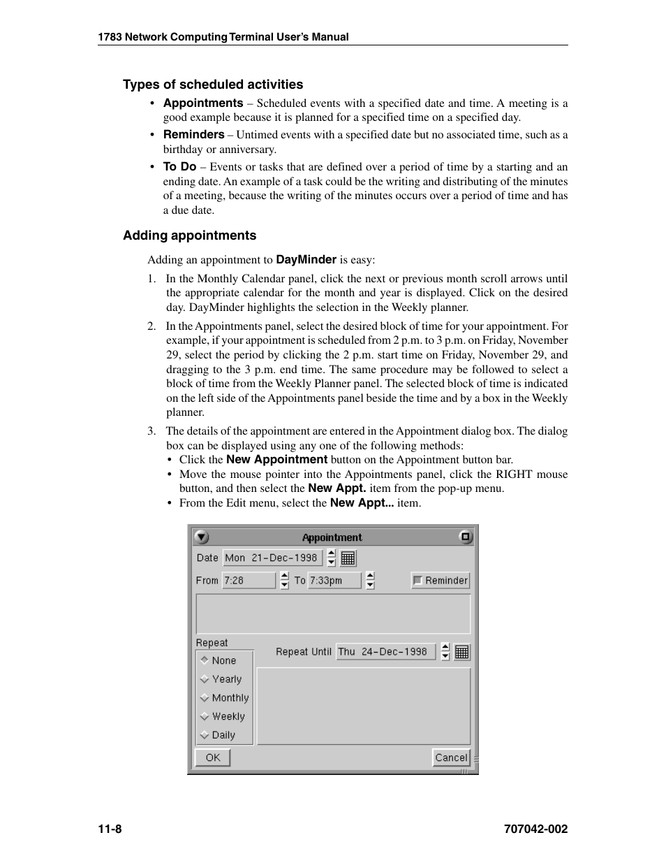 Types of scheduled activities, Adding appointments, Todo list | Visara 1783 User Manual | Page 134 / 172