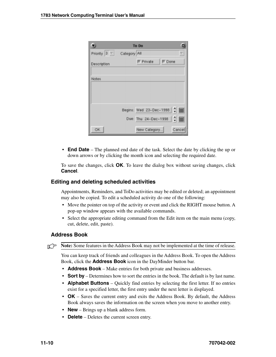 Editing and deleting scheduled activities, Address book | Visara 1783 User Manual | Page 136 / 172