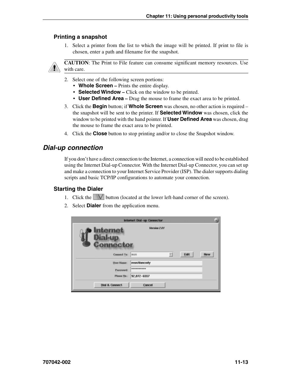 Printing a snapshot, Dial-up connection, Starting the dialer | About, Starting, Screen snapshot, Printing from, Printing a snapshot -13, Dial-up connection -13, Starting the dialer -13 | Visara 1783 User Manual | Page 139 / 172