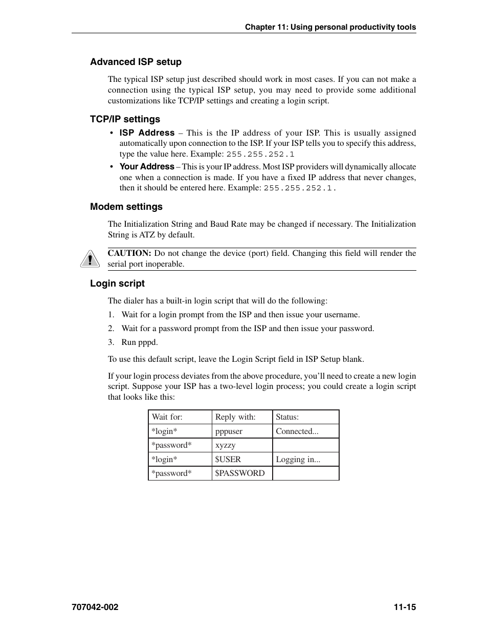 Advanced isp setup, Tcp/ip settings, Modem settings | Login script, Modem setting, Settings | Visara 1783 User Manual | Page 141 / 172