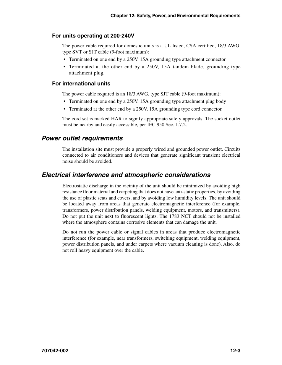 For units operating at 200-240v, For international units, Power outlet requirements | Atmospheric considerations, Electrical interference, International units, power cable | Visara 1783 User Manual | Page 147 / 172