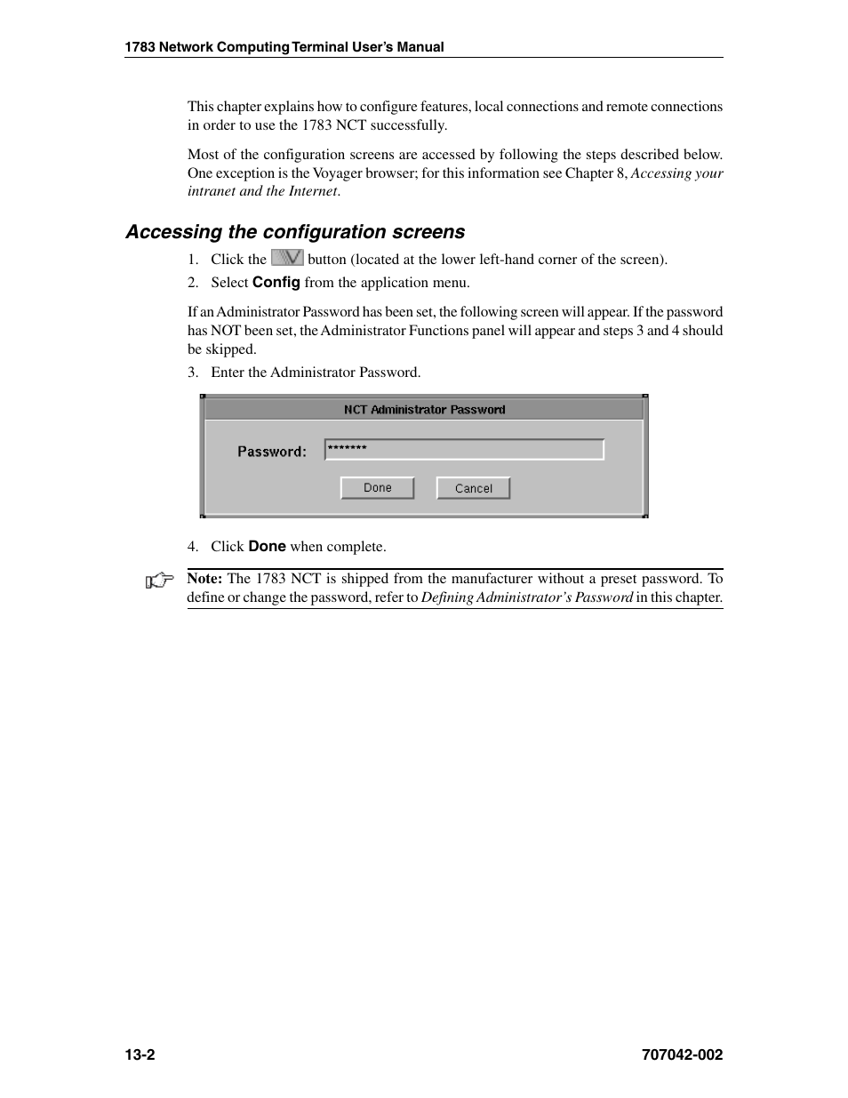 Accessing the configuration screens, Administrator functions, Configuration | Accessing, Password, Entering, Preset, Configuration, 1783 nct, Accessing administrator functions, Administrator | Visara 1783 User Manual | Page 150 / 172