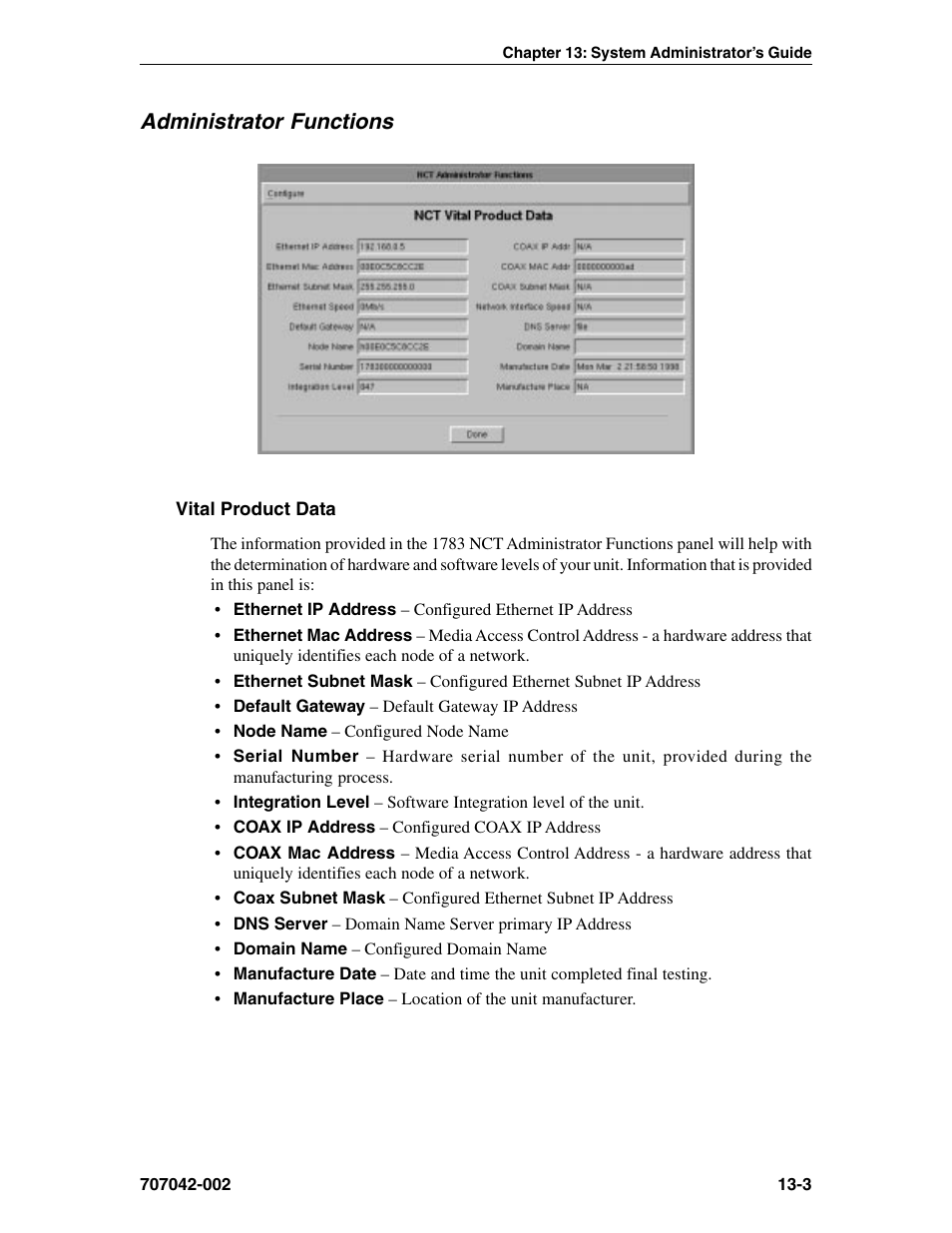 Administrator functions, Vital product data, Integration level | Manufacture date, Serial number, Coax ip address, Coax mac address, Administrator functions -3, Vital product data -3 | Visara 1783 User Manual | Page 151 / 172