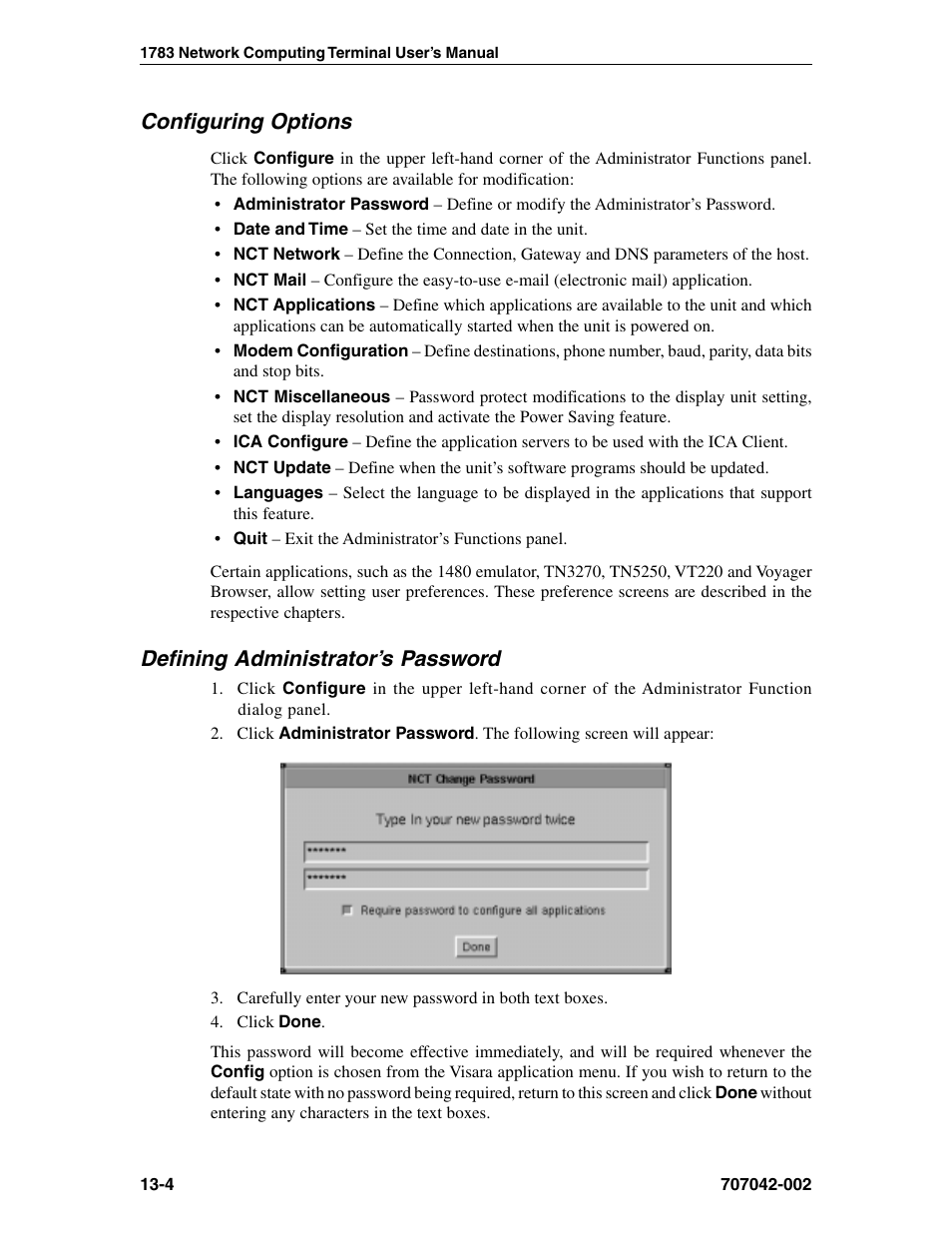 Configuring options, Defining administrator's password, Defining | Administrator password, Administrator options, Password, administrator, Defining administrator’s password | Visara 1783 User Manual | Page 152 / 172