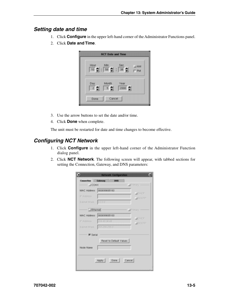 Setting date and time, Configuring nct network, Date and time, setting | Date and time, Nct network, Configuring | Visara 1783 User Manual | Page 153 / 172