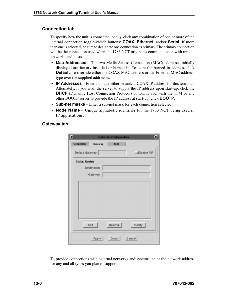 Connection tab, Gateway tab, Connections, nct network | Gateway, nct network, Connection, Gateway, Connection tab -6 gateway tab -6 | Visara 1783 User Manual | Page 154 / 172