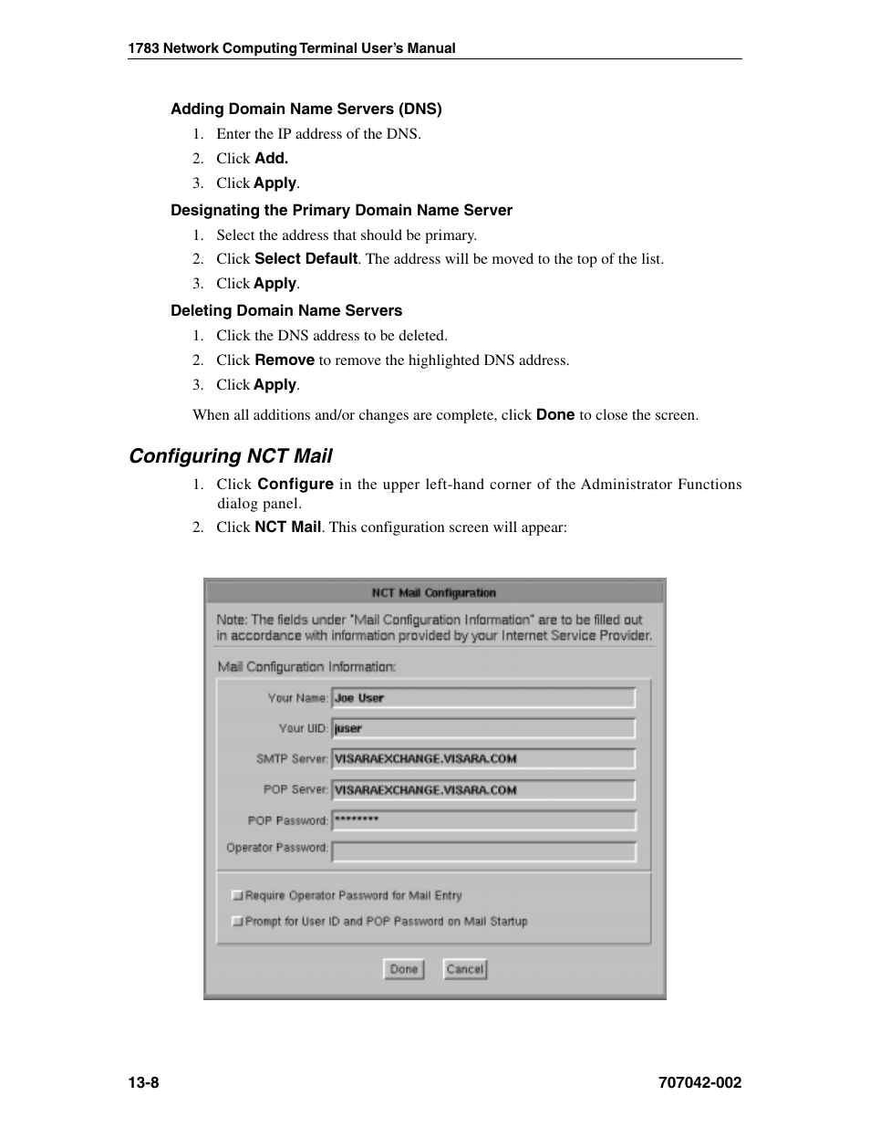 Configuring nct mail, Nct mail, Adding | Deleting, Designating primary, Configuring, Configuring nct mail -8 | Visara 1783 User Manual | Page 156 / 172