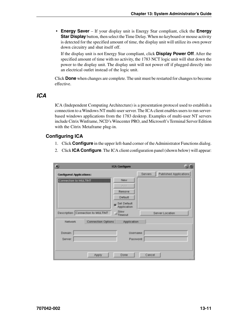 Configuring ica, Energy saver, monitor, Ica client | Configuring, Ica -11, Configuring ica -11 | Visara 1783 User Manual | Page 159 / 172