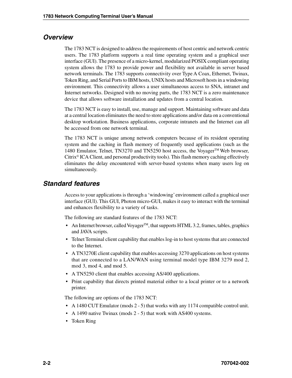 Overview, Standard features, About | Citrix ica client, Photon micro-gui, Overview -2 standard features -2 | Visara 1783 User Manual | Page 16 / 172