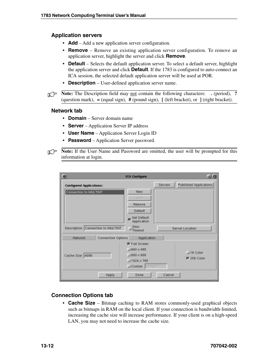 Application servers, Network tab, Connection options tab | Size, ica | Visara 1783 User Manual | Page 160 / 172