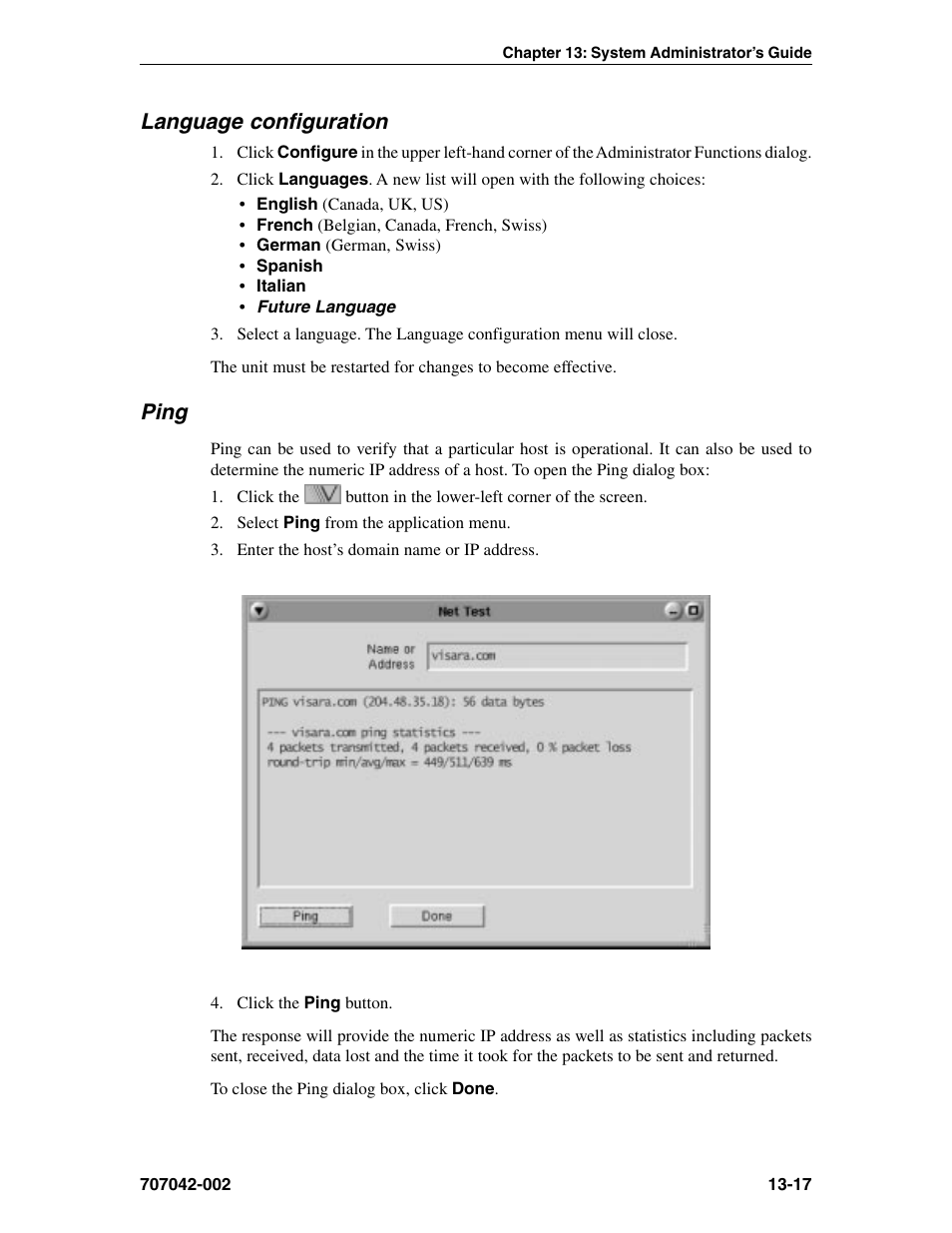 Language configuration, Ping, Language | Language configuration -17 ping -17 | Visara 1783 User Manual | Page 165 / 172