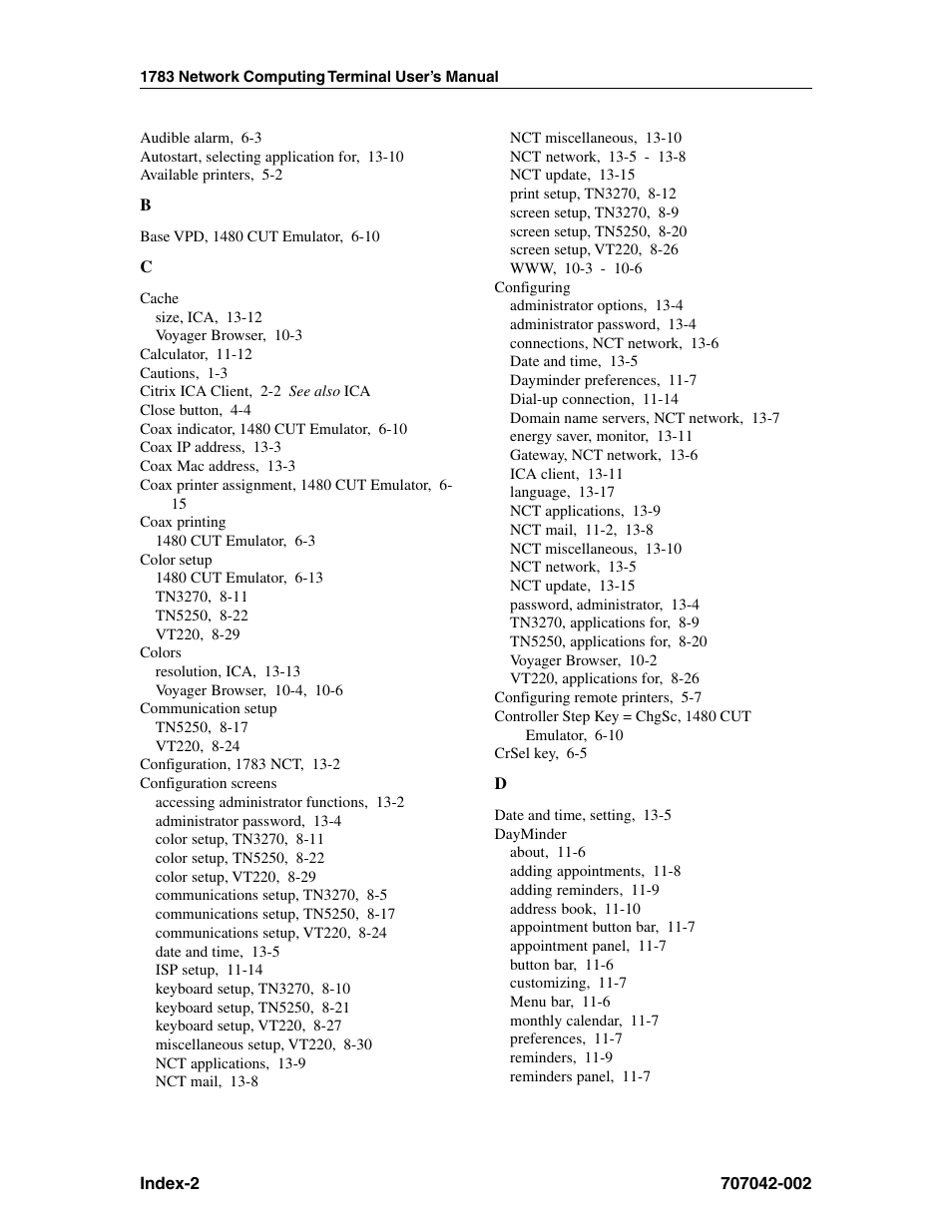 Cache, Coax printing, Color setup | Colors, Communication setup, Configuration screens, Configuring, Dayminder | Visara 1783 User Manual | Page 168 / 172